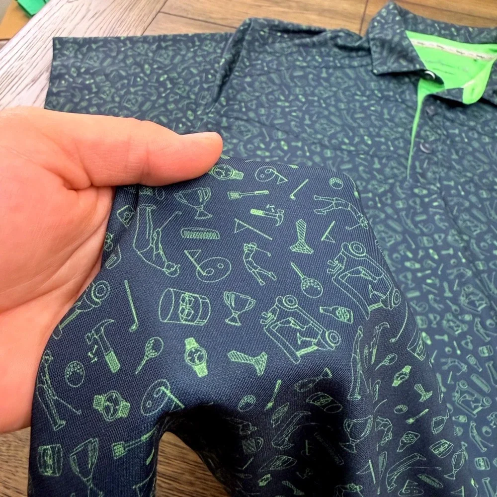 Walter Hagen Mens Navy Blue Lime Green Novelty Golf Print Polo Shirt Large